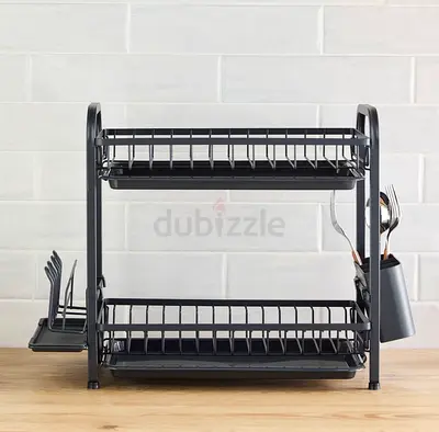 Two-tier Black Metal Dish Rack with Utensil Holder