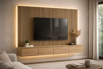 Wall-mounted wooden entertainment unit with slatted TV backdrop and ambient lighting
