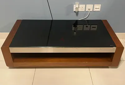 Wooden Table with Black Glass Top