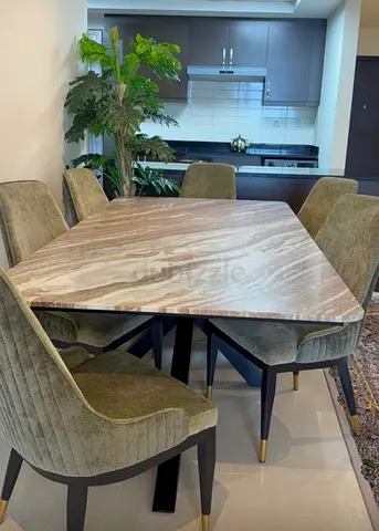 Solid Wood-Effect 6-Seater Dining Table with Upholstered Chairs (3month ago were bought)