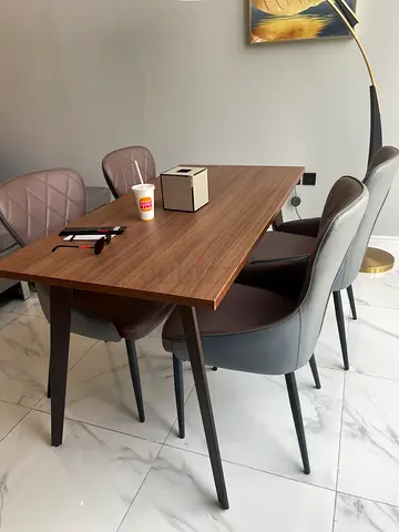 Wooden Dining Table with 4 Grey Upholstered Chairs - Modern Set