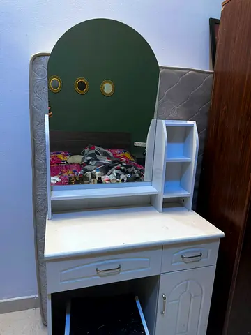White Wooden Dressing Table with Mirror and Storage