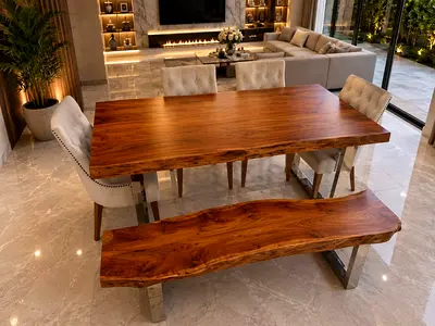 Marina Home Premium Live Edge Solid Wood Dining Table Set with Bench – Modern Luxury Collection
