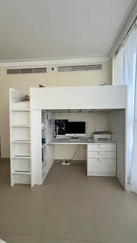Ikea kid White Loft Bed with Built-in Desk, Shelves and Drawers