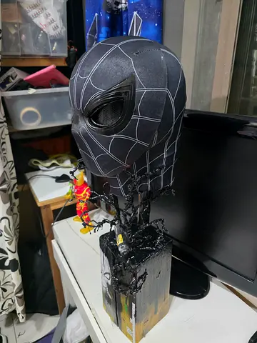 Black Symbiote Spider-Man Mask Bust with Decorative Display Base - Collectible