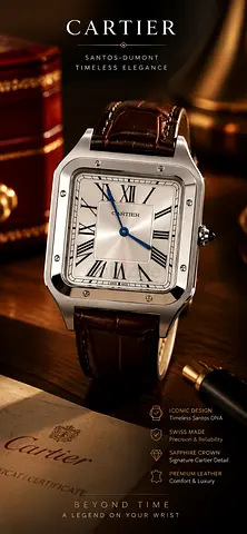 Cartier Santos-style Mens Watch with Brown Leather Strap