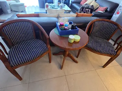 Pair of Vintage Wooden Armchairs with Small Round Side Table