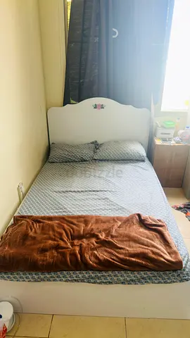 Queen size white wooden bed and mattress with headboard - good condition
