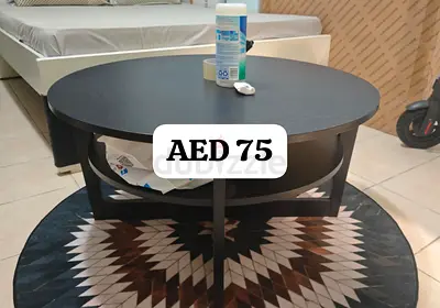 Round Black Coffee Table with Lower Shelf - Good Condition, pick and transport by buyer