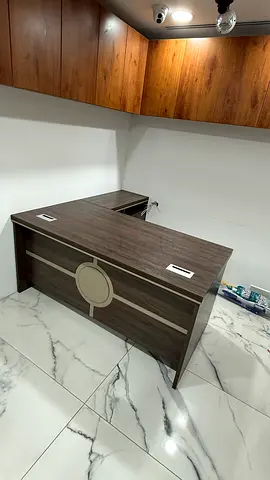 L-shaped Wooden Office Desk with Cable Ports — Good Condition 0506768890