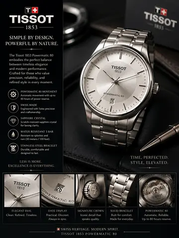 Tissot Powermatic 80 Stainless Steel Mens Watch - Silver Dial