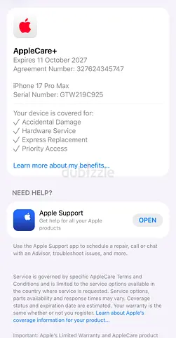AppleCare+ coverage for iPhone 17 Pro Max (transferable until Oct 11, 2027)