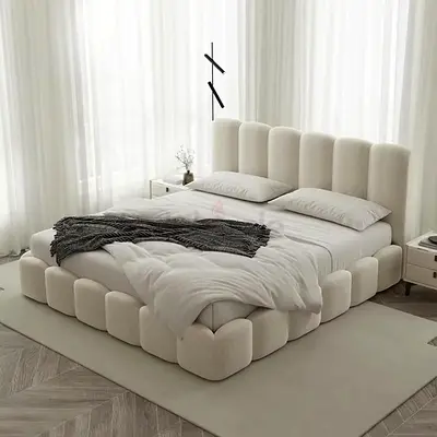 Modern Plush Upholstered Platform Bed with Padded Headboard — Queen/King