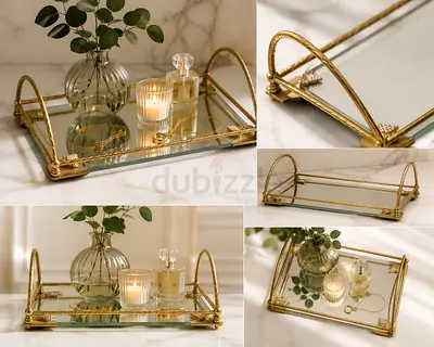 Gold Decorative Mirrored Serving Tray with Handles