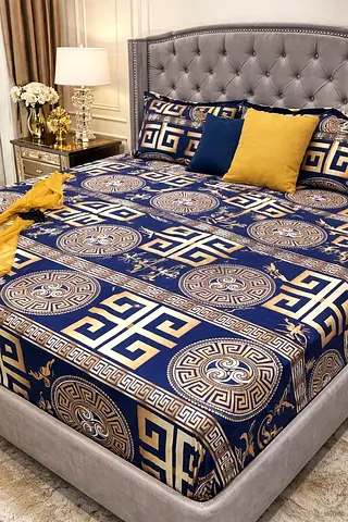 King size COTTON velvet-look geometric patterned bed sheet set - navy  gold