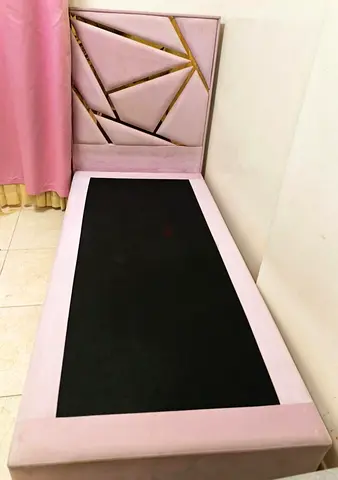 Two 2 Single Pink Velvet Bed Frame with Geometric Headboard