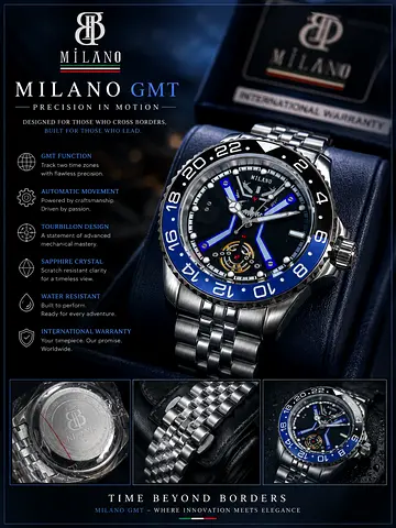 BB Milano GMT Mens Automatic Stainless Steel Watch - Blue/Black Bezel