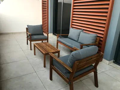 Solid Wood Outdoor Patio Sofa Set with Cushions - 2 Seater + 2 Chairs + Table