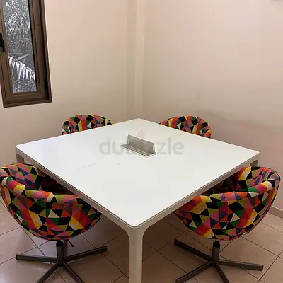 White Square Table + 4 Colourful Swivel Chairs Set