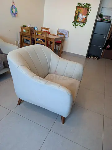 Light Grey/off white Fabric Accent Armchair with Wooden Legs