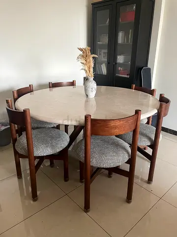 Natural marble (omani) Round Dining Table with 6 solid wood Upholstered Chairs (Set),