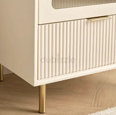Cream Modern Nightstand / Bedside Cabinet with Ribbed Drawer and Gold Legs