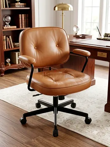 Brand IKEA Brown Leather Office Chair with Tufted Cushion and Swivel Base