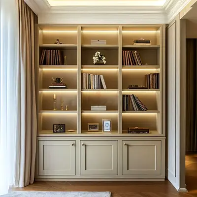 Built-in illuminated bookcase / display cabinet - beige finish