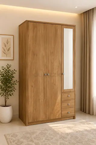 Modern 3 Door Wooden Wardrobe with Mirror and Drawers