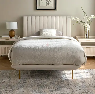 Upholstered Bed with Vertical Channel Headboard - Light Beige