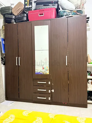 4-Door Dark Wood Wardrobe with Mirror and Drawers - Good Condition