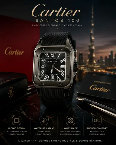 Cartier-style mens square black dial wristwatch