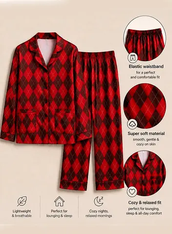 Red Argyle Pajama Set for womens