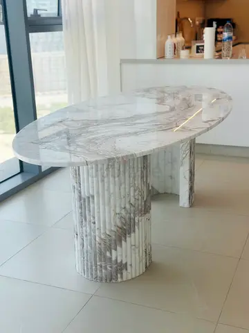 Oval White Marble Dining Table with Fluted curve  Column Base