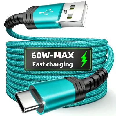 60W Fast Charging USB-A to USB-C Braided Cable - 2m (Teal)