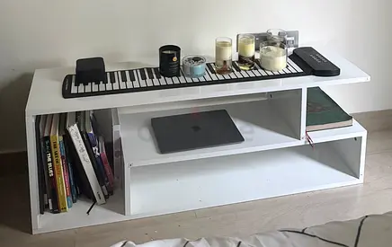 Low white TV table- modern compact shelving