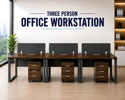 Modern 3 Person Office Workstation – Walnut  Grey Office Desk with Pedestal Drawers