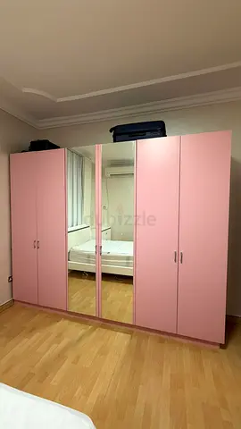 Pink 6-Door Wardrobe with Mirror - Good Condition