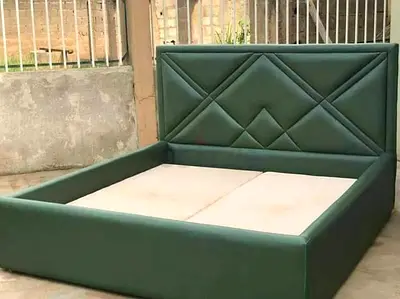 Green Upholstered Double Bed with Padded Headboard