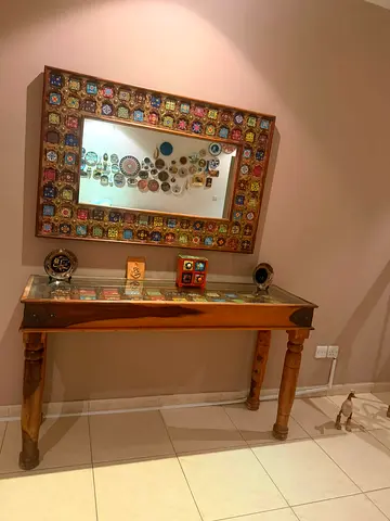 Wooden Console Table with Glass Top and Decorative Inlay+ matching wall mirror set