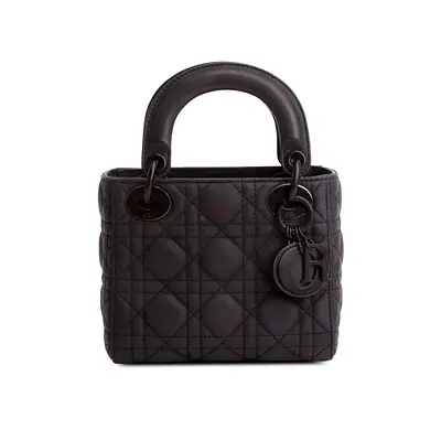 Authentic Christian Dior 2020 Black Ultra Matte Calfskin Cannage Mini Lady Dior