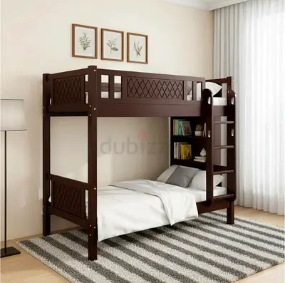 Solid Wood Bunk Bed with Built-in Shelves - Dark Brown, Good Condition
