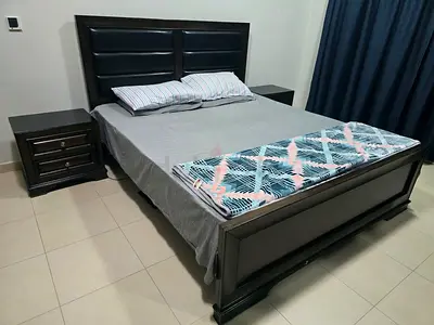 Home Centre - California King Bed with Mattress  Dresser  Side Tables - Dark Brown - Glass Tops