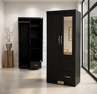 New Black 2-Door Wardrobe with Mirror and Drawer For Sale