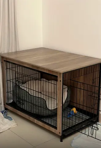 Wooden Frame Dog Crate with Removable Wire Kennel and heavy plastic tray