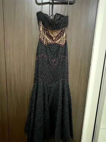Black sequin evening gown with lace bodice, floor-length