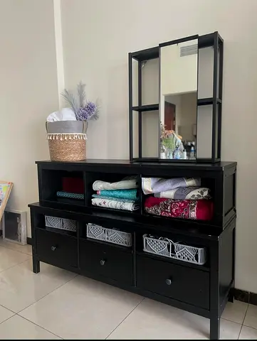 Black Wooden Storage Console - 3 Drawers  Open Shelves