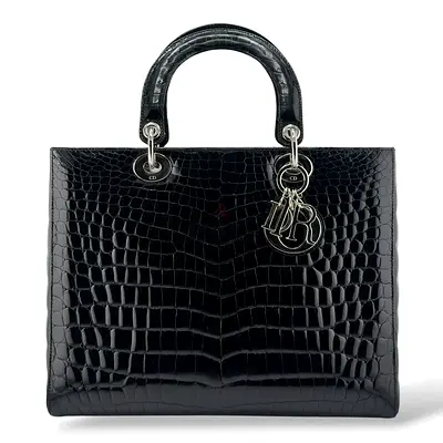 Authentic Christian Dior Black Shiny Niloticus Crocodile Large Lady Dior Bag
