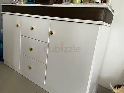 White Sideboard Cabinet with Drawers and Brass Handles, Good Condition