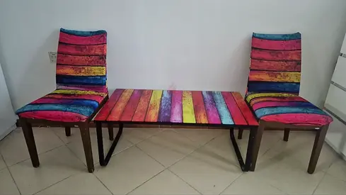 Vibrant Colorful coffee Set with heavy n sturdy Chairs with covers for Sale.Dimensions: 41x21x15 in